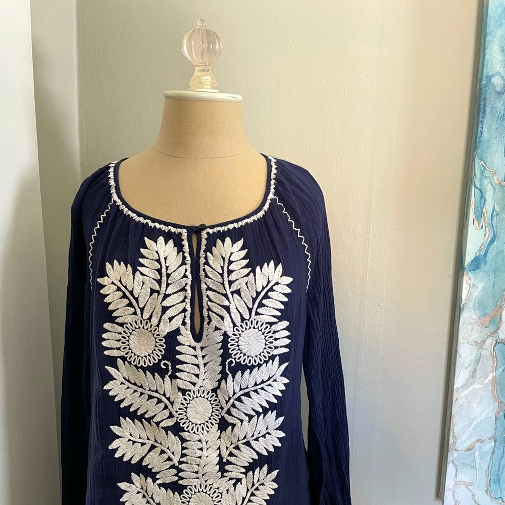 Navy blue Tory Burch tunic with white embroidery